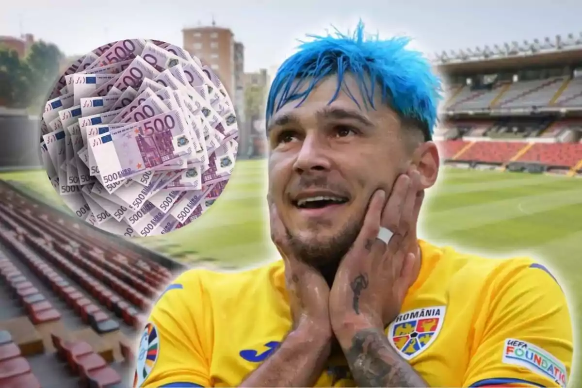 Futbolista amb cabell blau i uniforme groc somriu emocionat en un estadi mentre al seu costat apareix un muntatge de bitllets de 500 euros.