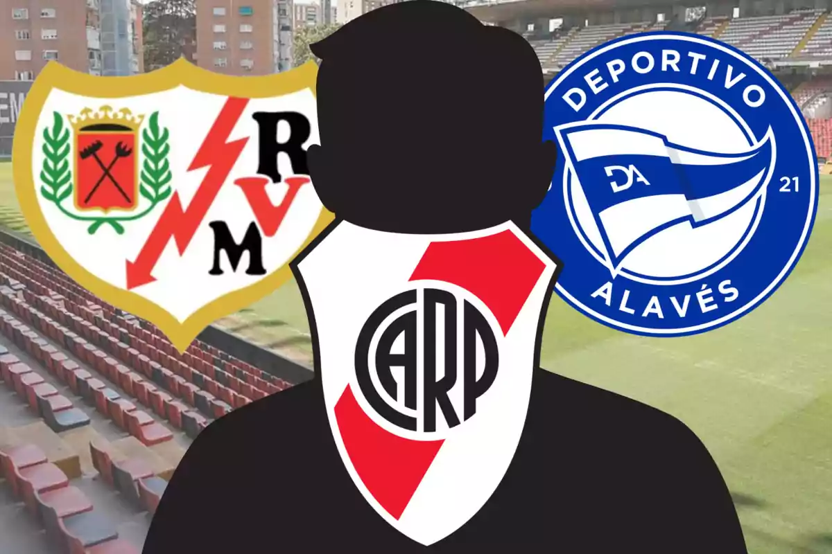 Silueta de una persona con el escudo de River Plate en el pecho y los escudos de Rayo Vallecano y Deportivo Alavés de fondo en un estadio de fútbol