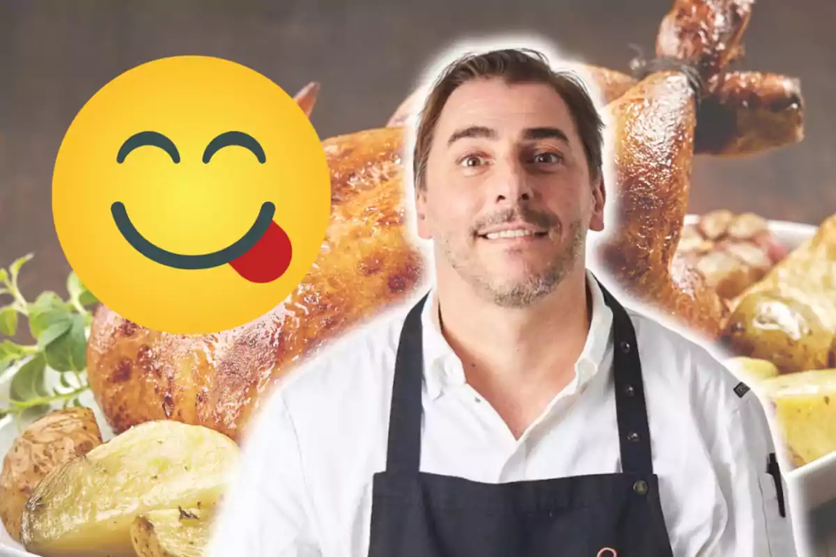 Un xef somrient amb davantal davant d’un pollastre rostit acompanyat de patates i un emoji de carona llepant-se els llavis.
