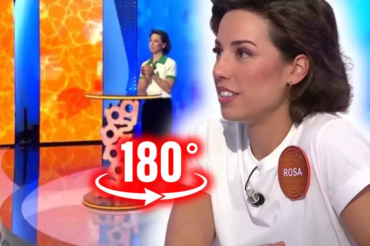 Mujer concursante con camiseta blanca y nombre Rosa en un programa de televisión con fondo colorido y un gráfico de 180 grados en el centro