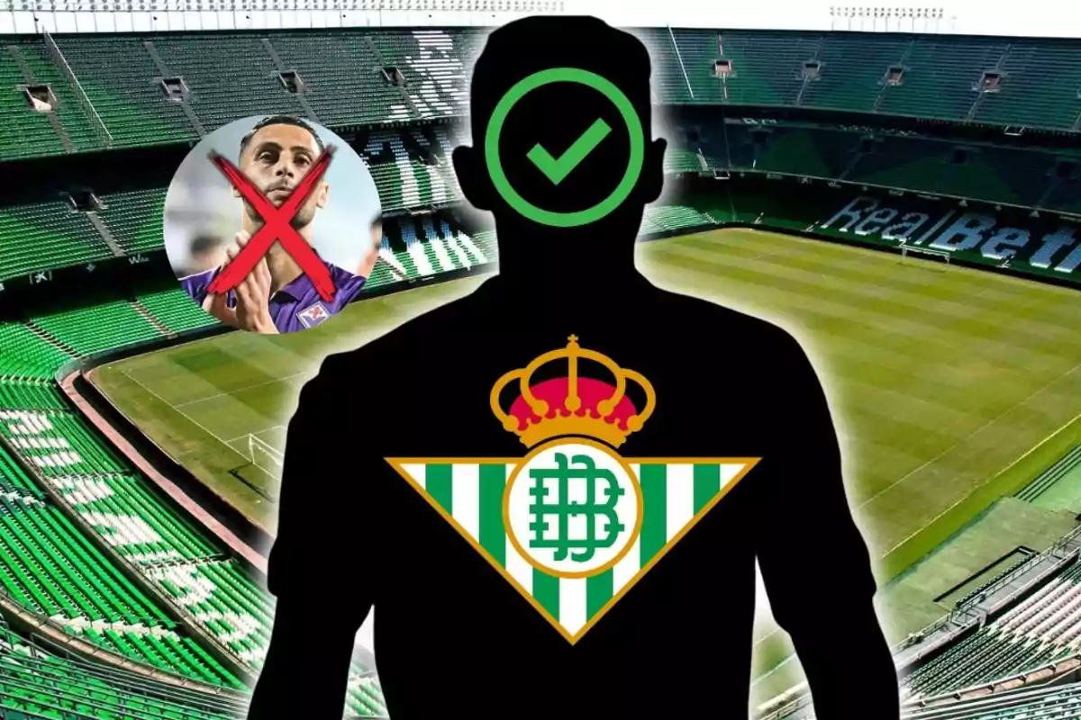 Silueta de un jugador con el escudo del Real Betis en el pecho y un estadio de fondo, junto a la imagen de otro futbolista tachado con una X roja