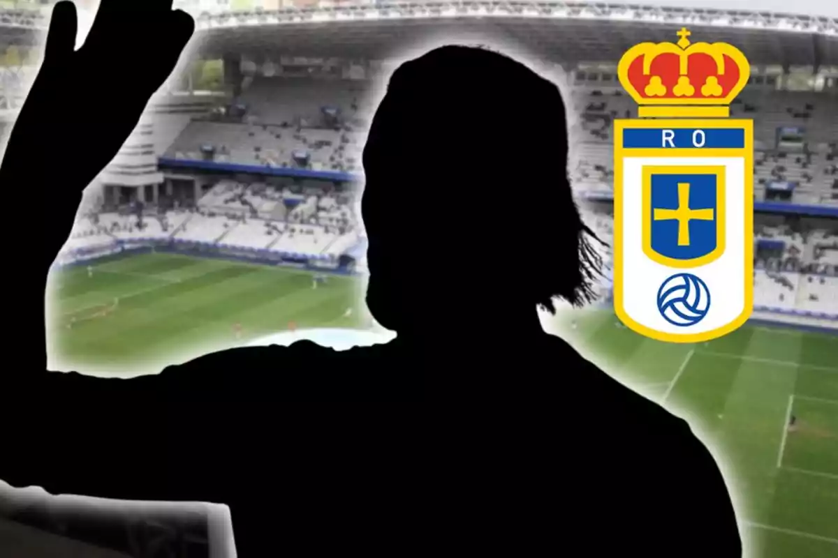 Silueta de una persona saludando en un estadio de fútbol con el escudo del Real Oviedo a la derecha
