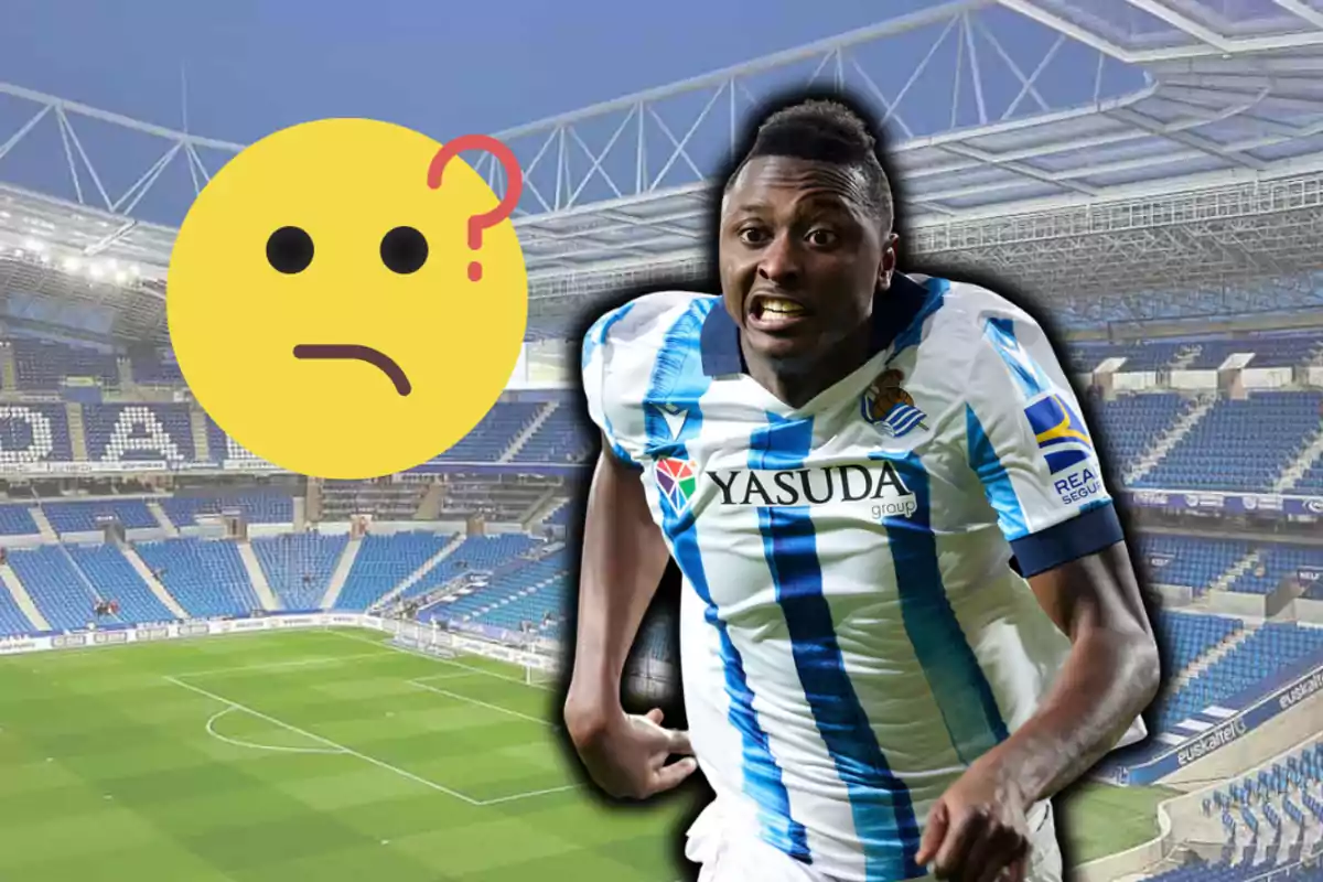 Futbolista con expresión intensa y emoji de confusión sobre un estadio vacío