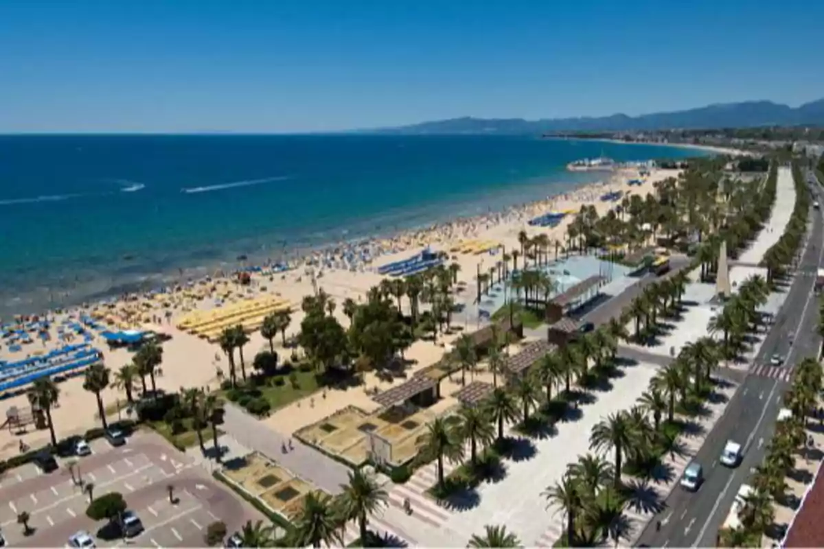 Vista panoràmica d’una platja amb para-sols de colors, palmeres, un passeig marítim i una carretera vora el mar en un dia assolellat Vista panoràmica d’una platja amb para-sols de colors, palmeres, un passeig marítim i una carretera vora el mar en un dia assolellat
