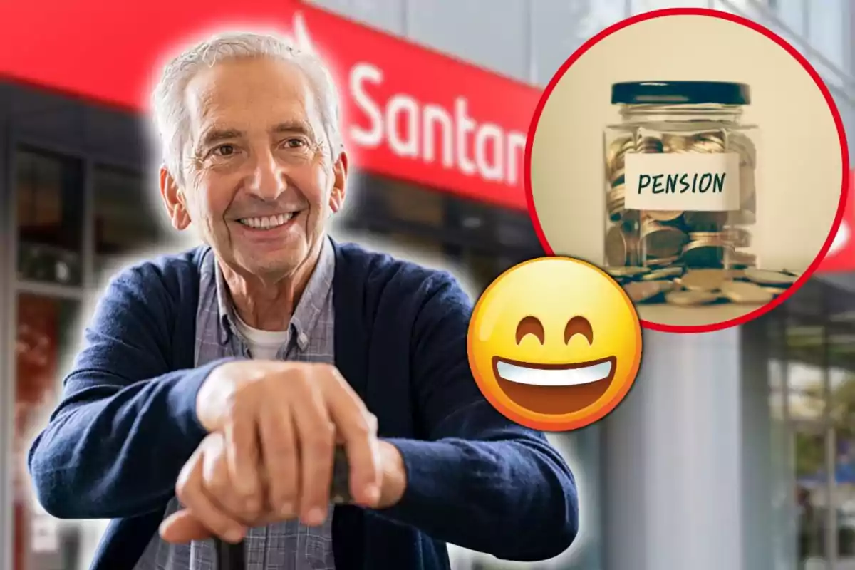 Home gran somrient davant d’una sucursal bancària amb un emoji feliç i un pot de monedes etiquetat com a pensió