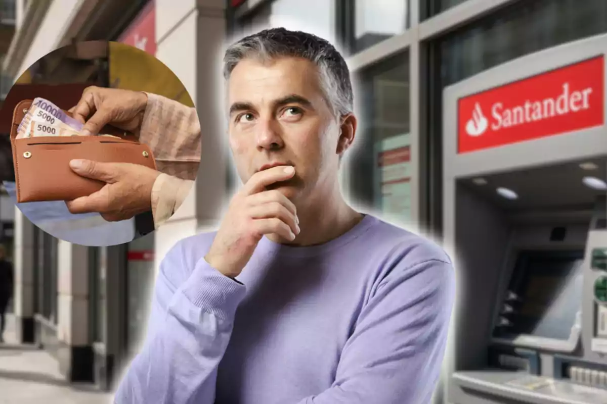 Home pensatiu davant d’un caixer automàtic de Santander amb un requadre que mostra una mà traient bitllets d’una cartera Home pensatiu davant d’un caixer automàtic de Santander amb un requadre que mostra una mà traient bitllets d’una cartera
