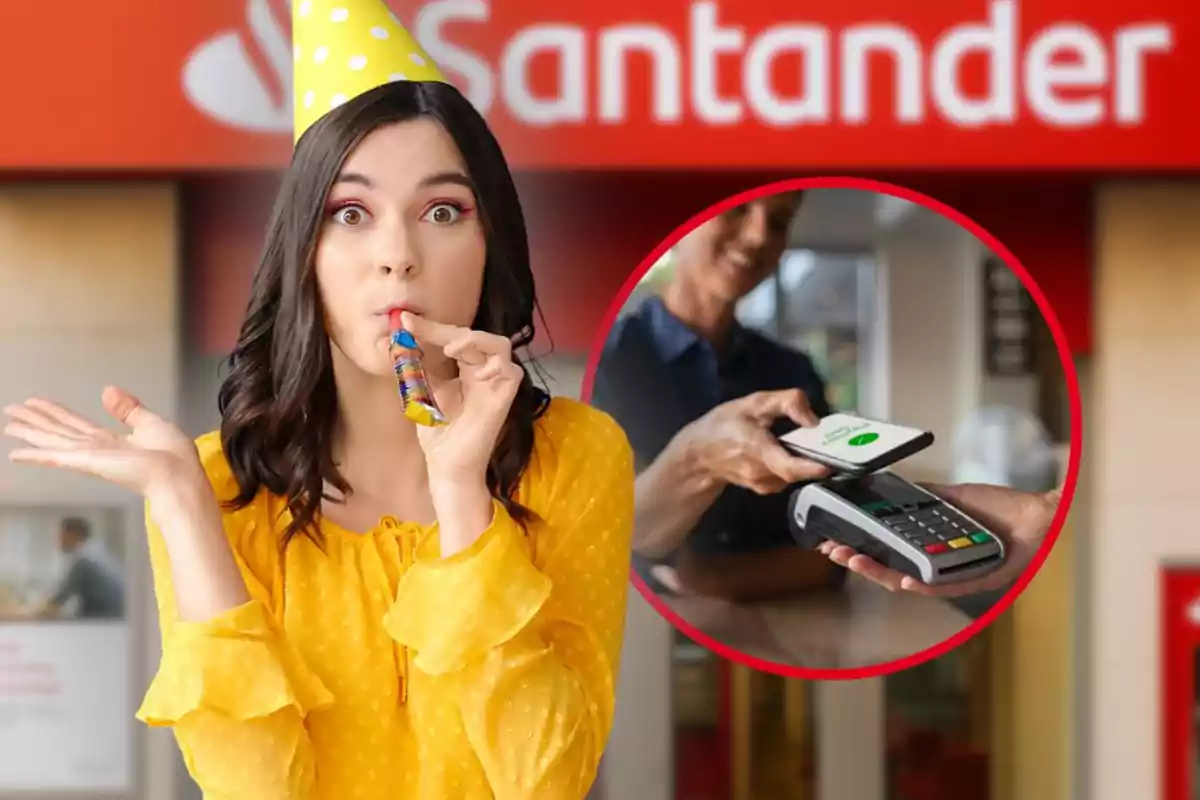 Mujer con gorro de fiesta y matasuegras frente a una sucursal de Santander con un círculo que muestra un pago con celular en un lector de tarjetas