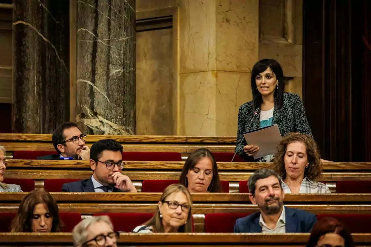 Una dona dreta sosté uns papers i parla en un parlament mentre diverses persones l’escolten assegudes en bancs de fusta amb seients vermells.