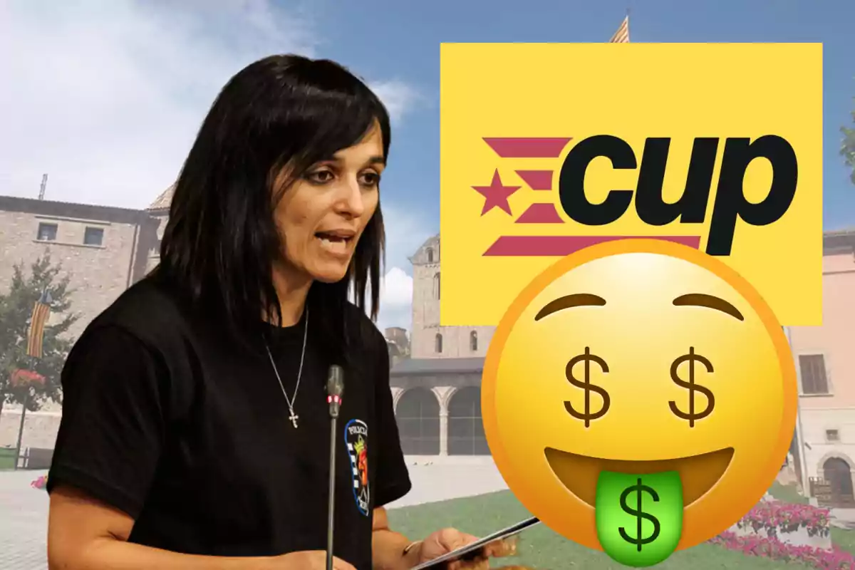 Dona parlant davant d’un micròfon amb un fons d’edifici, un logotip groc de la CUP i un emoji de cara amb signes de dòlar als ulls i la llengua.