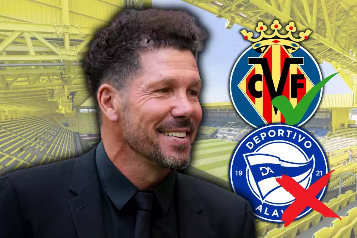 El Cholo Simeone y los escudos de Villarreal y de Deportivo Alavés