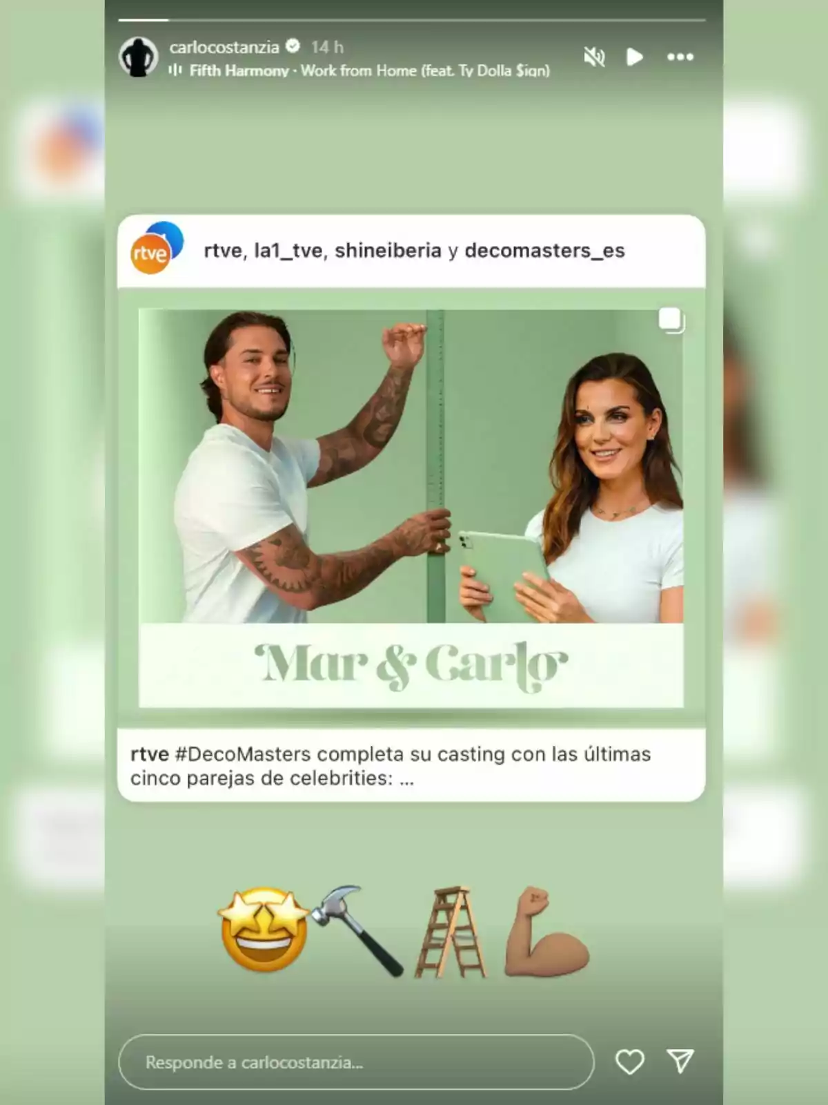 Carlo Costanzia i Mar Flores posen somrients davant d’una paret verda, ell sosté una regla i ella una tauleta, tots dos vesteixen roba clara i semblen estar en un programa de decoració anomenat Mar & Carlo. Carlo Costanzia i Mar Flores posen somrients davant d’una paret verda, ell sosté una regla i ella una tauleta, tots dos vesteixen roba clara i semblen estar en un programa de decoració anomenat Mar & Carlo.