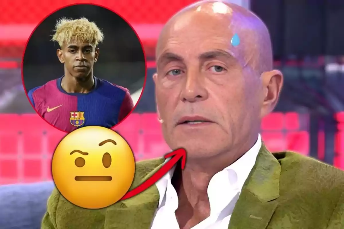 Hombre calvo con expresión seria y gota de sudor en la frente, con un emoji pensativo y la imagen de un futbolista del Barcelona en un círculo rojo sobre fondo desenfocado.