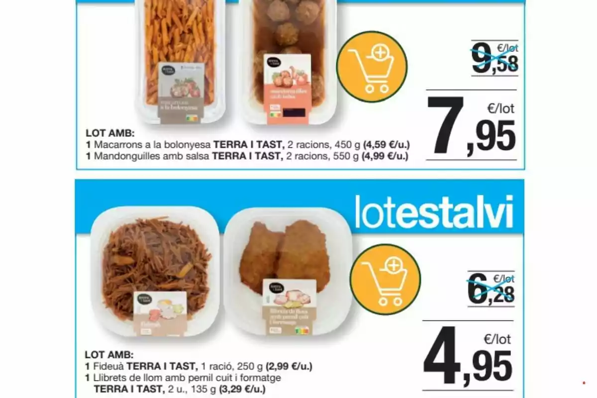 Oferta de lots de menjar preparat amb macarrons a la bolonyesa, mandonguilles amb salsa, fideuada i llibrets de llom arrebossats, mostrant preus rebaixats i envasos individuals dels productes Oferta de lots de menjar preparat amb macarrons a la bolonyesa, mandonguilles amb salsa, fideuada i llibrets de llom arrebossats, mostrant preus rebaixats i envasos individuals dels productes