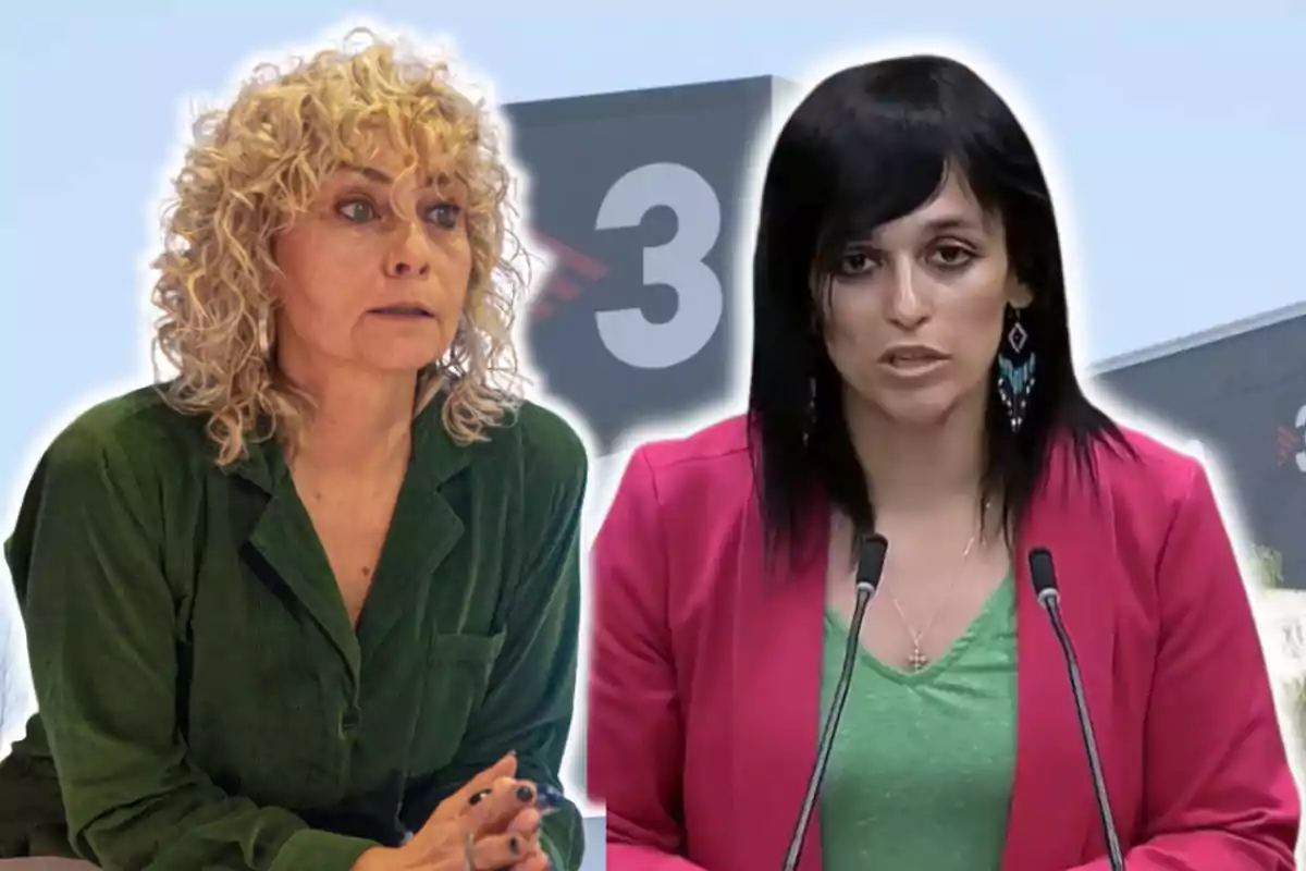 Dues dones en primer pla, una amb cabell arrissat ros i camisa verda, l’altra amb cabell llis fosc i jaqueta rosa, totes dues sobre un fons amb el logotip d’un canal de televisió.