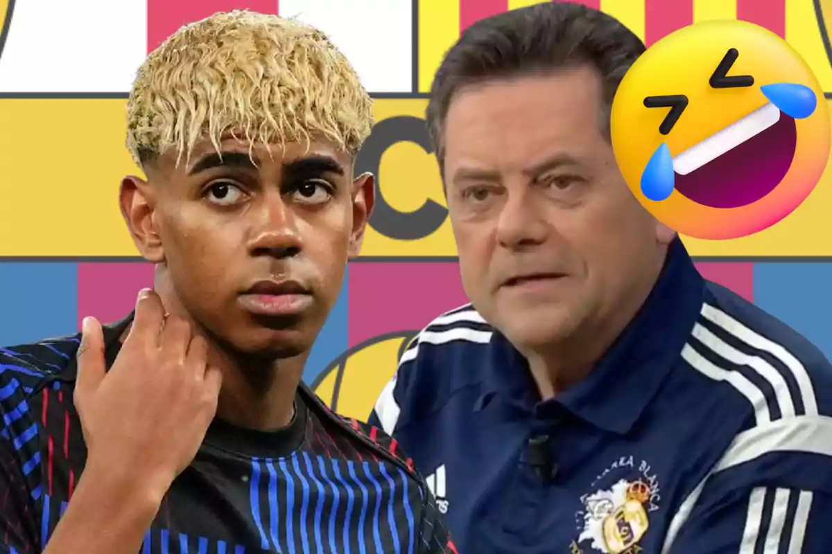Un joven futbolista con cabello rubio y un hombre mayor con chaqueta deportiva aparecen frente a un fondo de colores y un emoji de risa grande en la esquina superior derecha