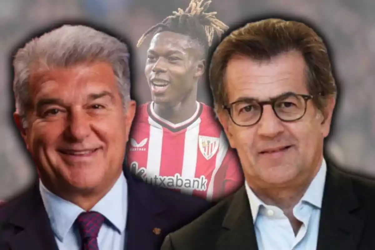 Joan Laporta y Toni Freixa con Nico Williams de fondo
