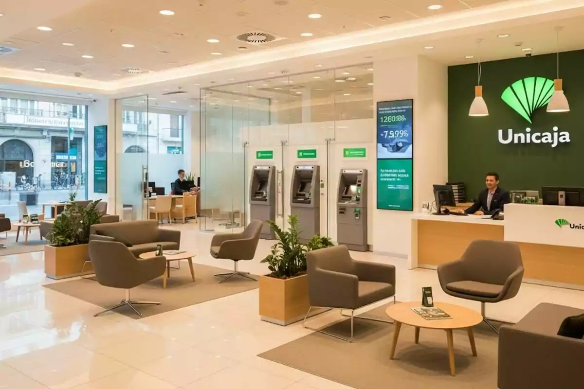Sucursal bancària moderna d’Unicaja amb zona d’espera, caixers automàtics i un taulell d’atenció al client Sucursal bancària moderna d’Unicaja amb zona d’espera, caixers automàtics i un taulell d’atenció al client