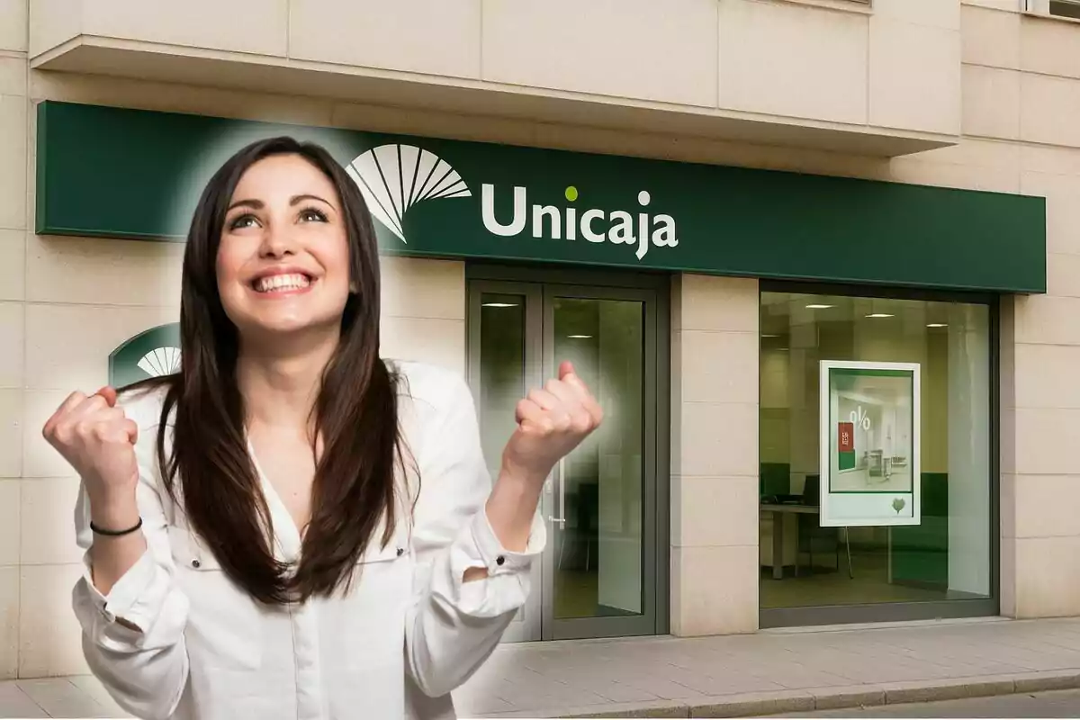 Dona jove somrient amb un gest d’alegria davant d’una sucursal d’Unicaja