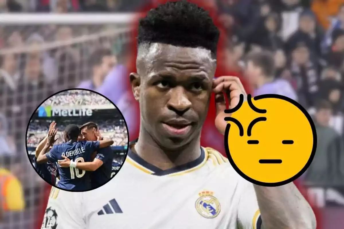 Futbolista del Real Madrid con gesto pensativo acompañado de un emoji de molestia y una imagen circular de jugadores celebrando en el fondo