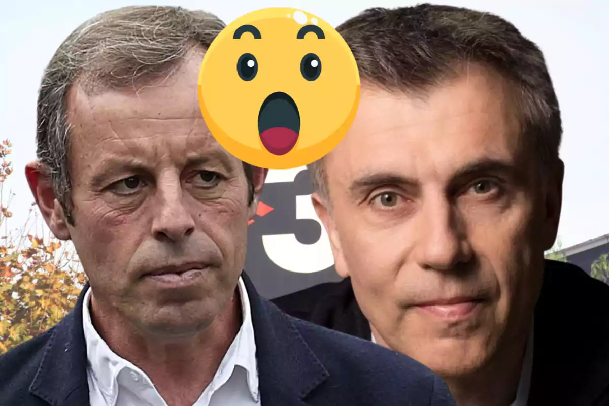 Dos hombres de mediana edad con expresión seria aparecen juntos y un emoji de sorpresa cubre parcialmente sus rostros.