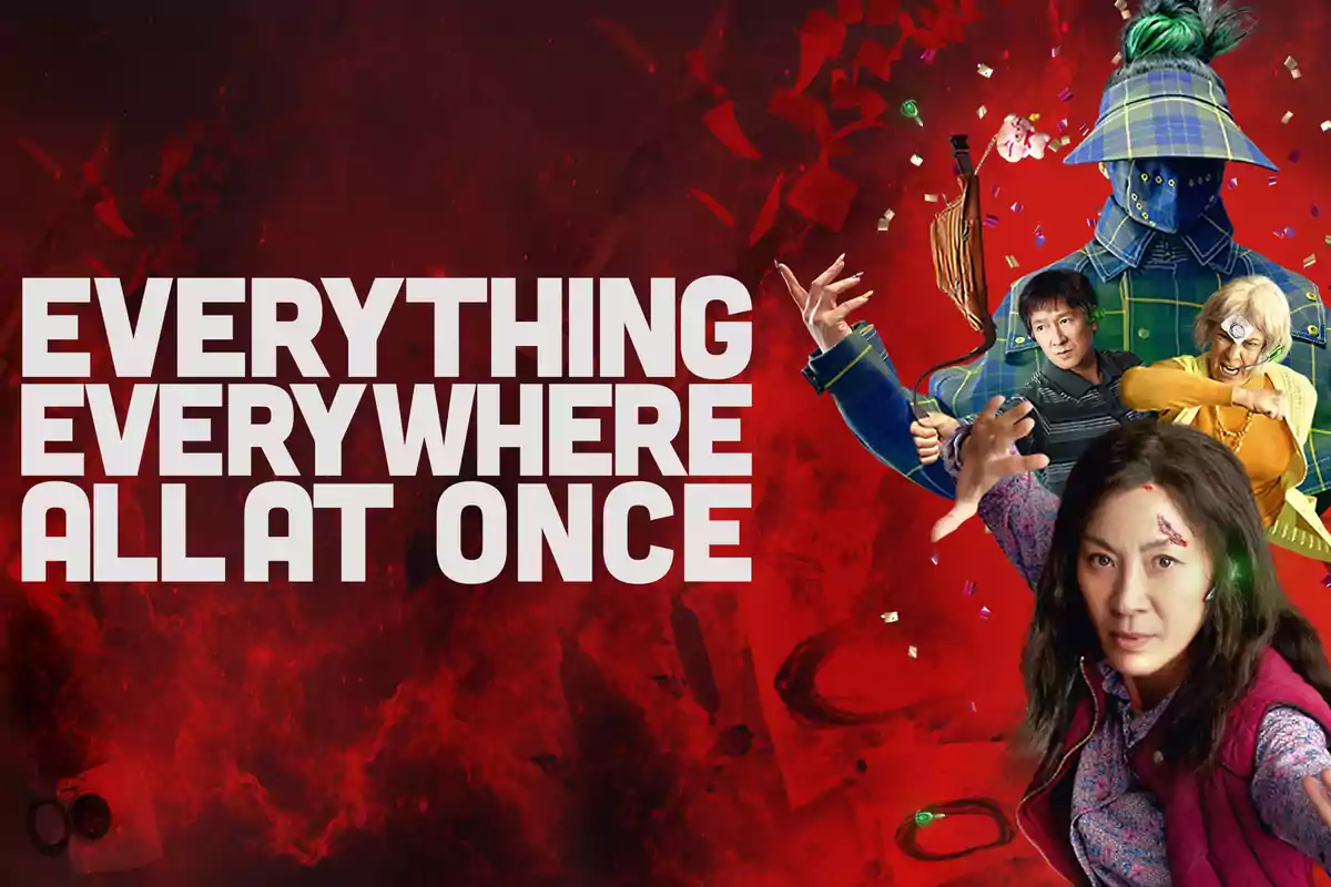 Cartell de la pel·lícula Everything Everywhere All At Once amb fons vermell i diversos personatges en posats dinàmics Cartell de la pel·lícula Everything Everywhere All At Once amb fons vermell i diversos personatges en posats dinàmics