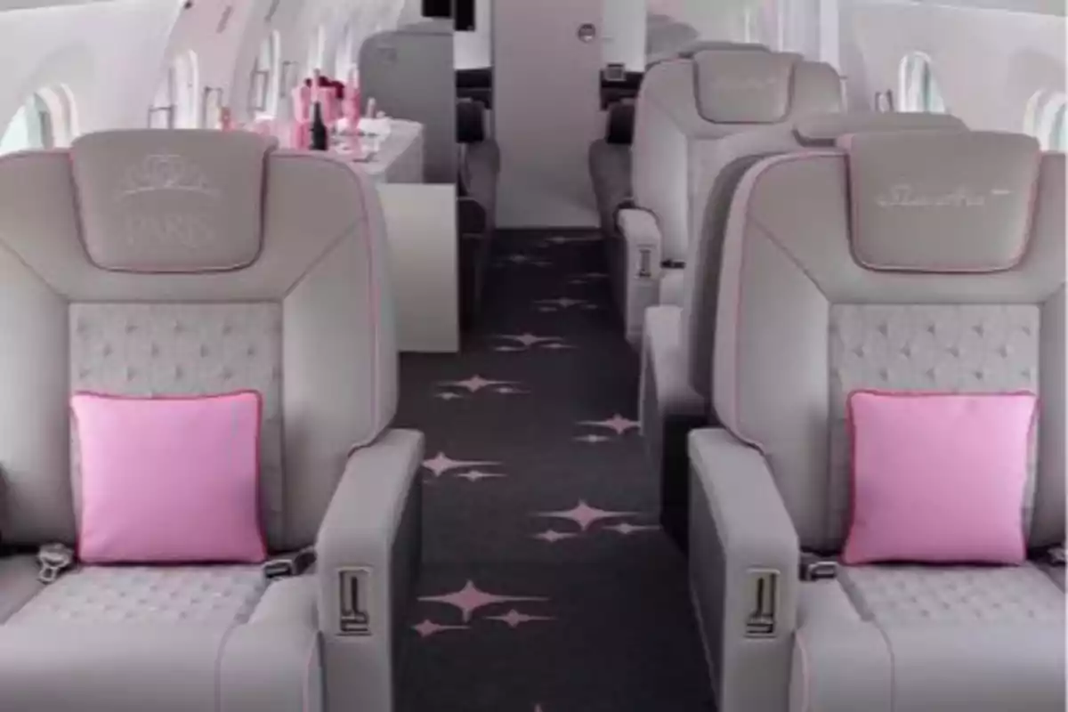 Interior de un avión privado decorado en tonos grises y rosas con asientos lujosos y cojines rosados Interior de un avión privado decorado en tonos grises y rosas con asientos lujosos y cojines rosados