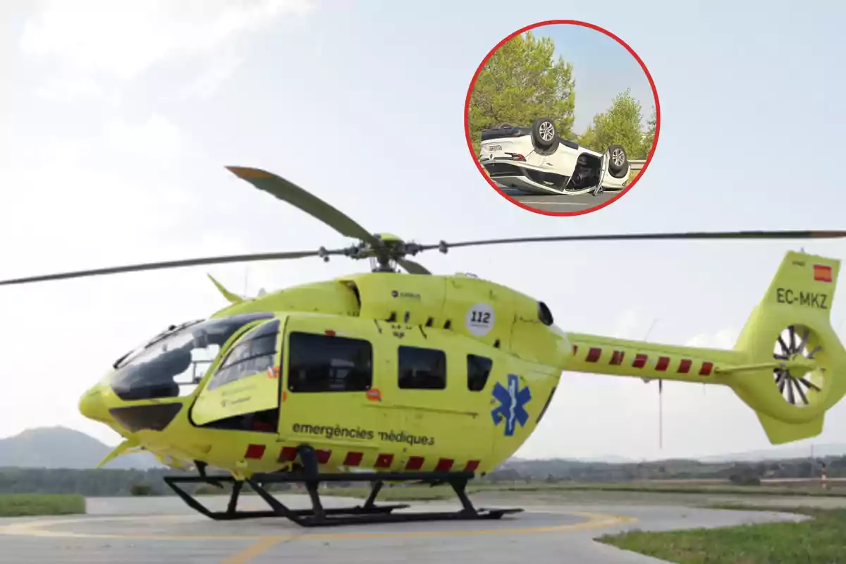 Helicóptero del SEM y un coche volcado en el accidente de la AP-7