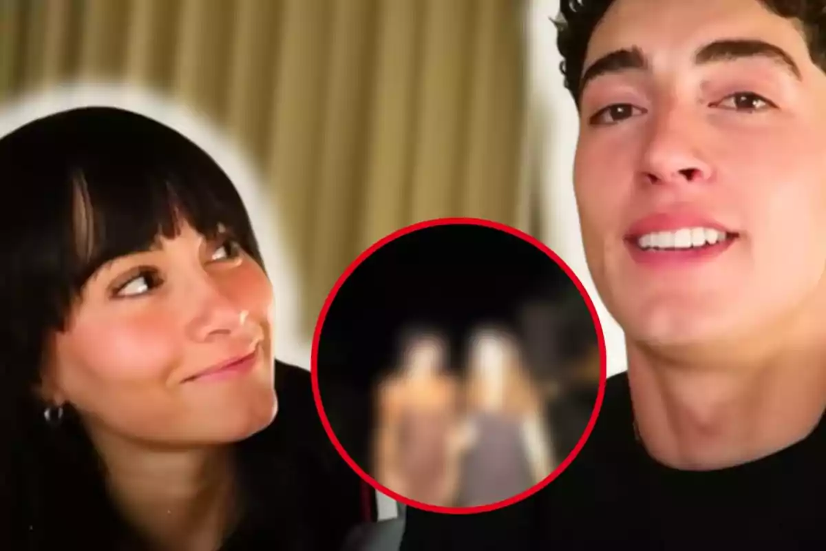 Una mujer de cabello oscuro sonríe mirando a un hombre de cabello rizado que está junto a ella, en el centro de la imagen hay un círculo rojo con una foto borrosa de dos personas