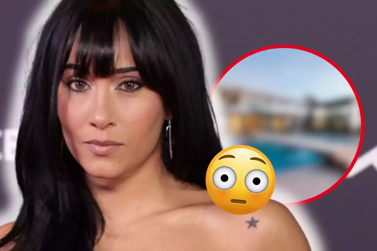 Dona de cabell fosc amb serrell i expressió seriosa, un cercle amb imatge borrosa i un emoji de sorpresa en primer pla