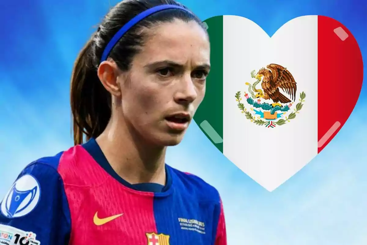 Futbolista con uniforme del Barcelona y una bandera de México en forma de corazón al fondo