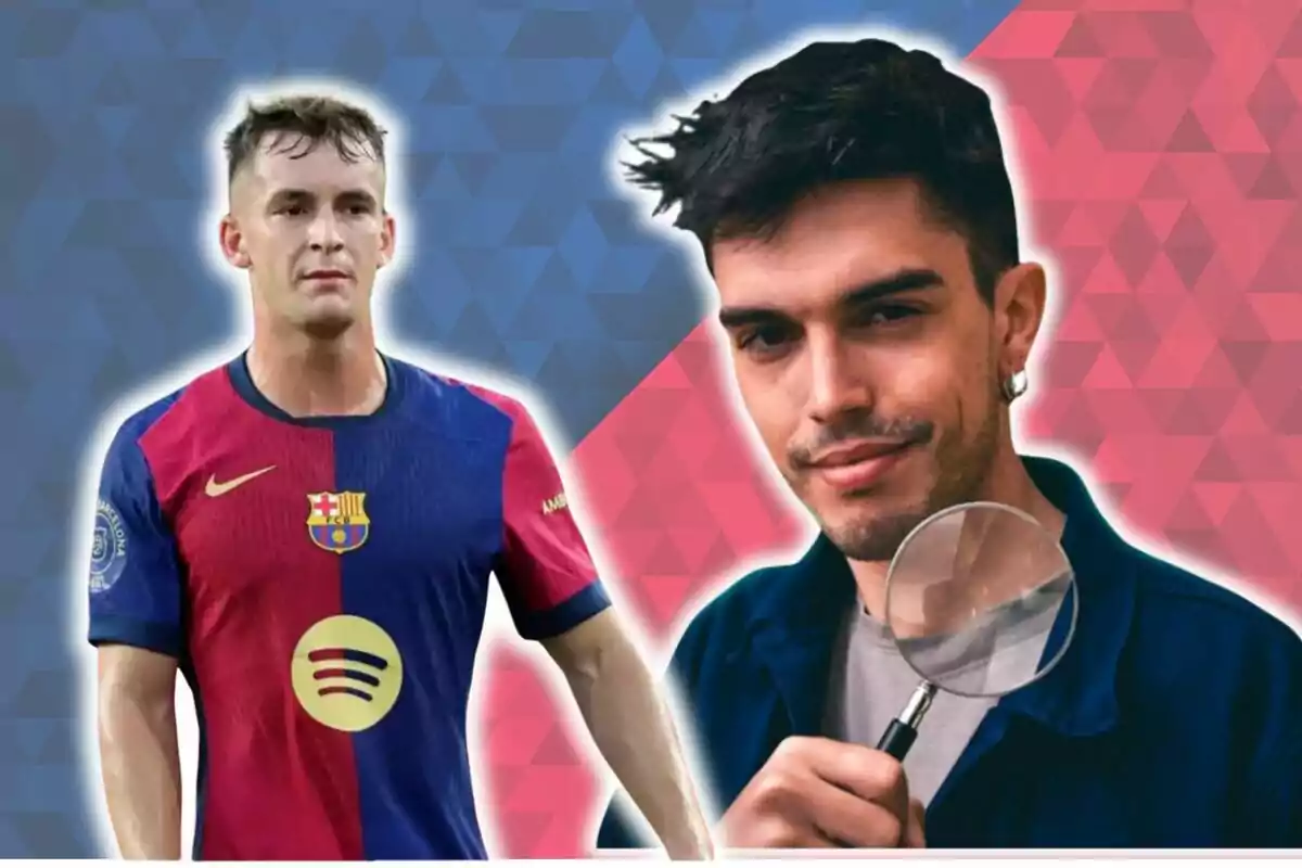 Un futbolista amb l’uniforme del Barcelona i un home sostenint una lupa sobre un fons dividit en blau i vermell amb patrons geomètrics.