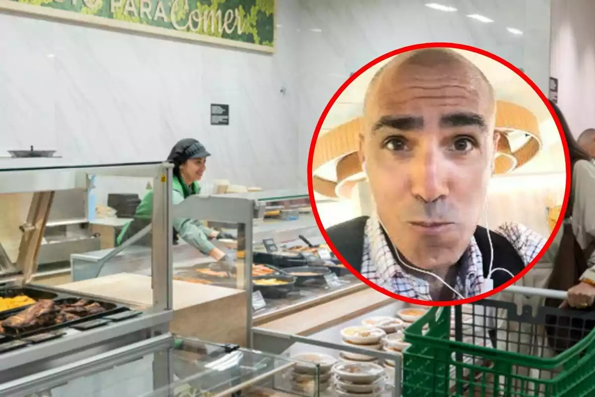 Una dona atén en una barra de menjar en un supermercat mentre a la imatge apareix un cercle vermell amb el rostre d’un home calb en primer pla.