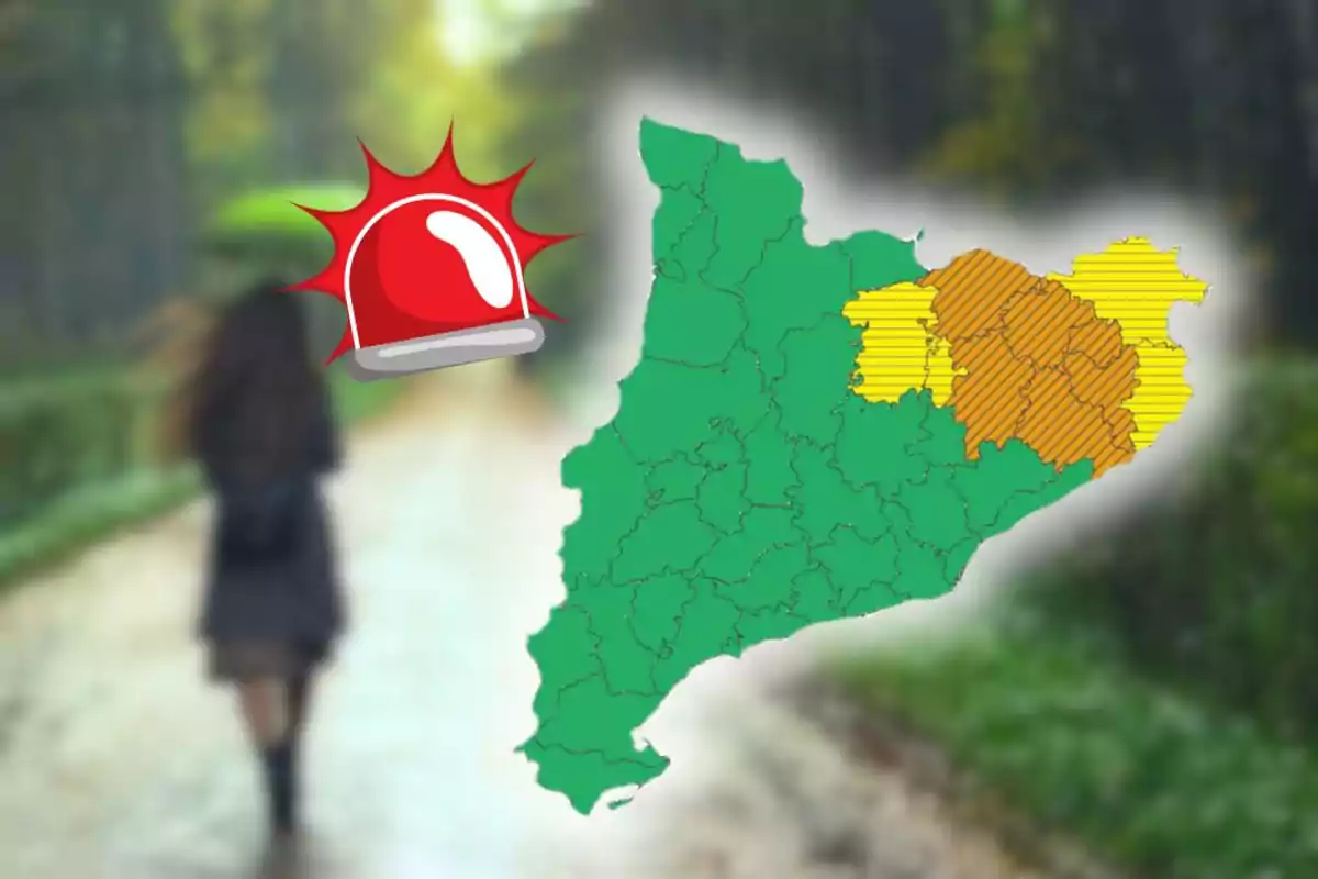 Mapa de Cataluña con zonas en alerta meteorológica y un icono de sirena de emergencia sobre un fondo desenfocado de una persona caminando por un sendero Mapa de Cataluña con zonas en alerta meteorológica y un icono de sirena de emergencia sobre un fondo desenfocado de una persona caminando por un sendero