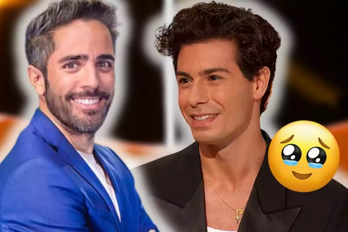 Dos hombres sonrientes en primer plano con un emoji de carita con ojos brillantes y lágrimas en el lado derecho