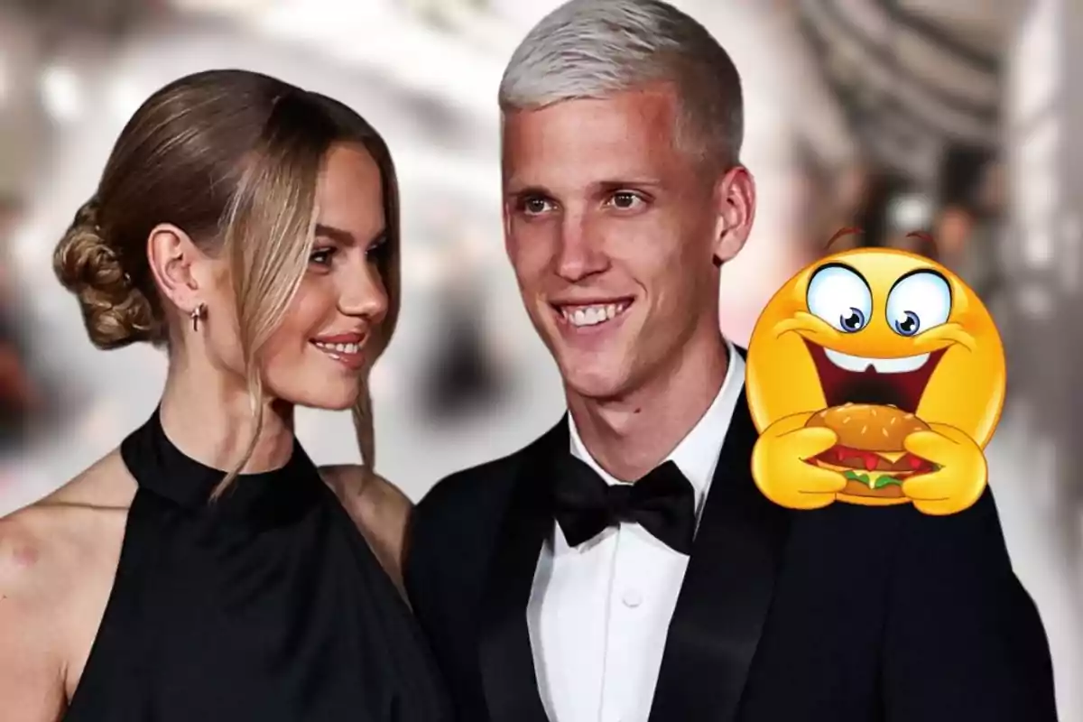 Una pareja elegantemente vestida sonríe mientras una carita amarilla de caricatura sostiene una hamburguesa junto a ellos.