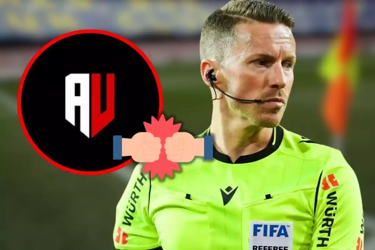 Soccer referee in a yellow uniform with an earpiece, next to a black circular logo with the letters AV and a fist bump emoji.