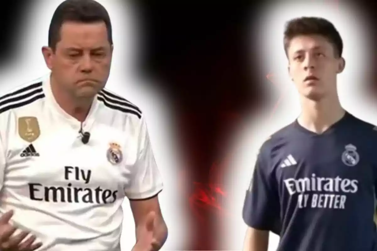 Dos personas con camisetas del Real Madrid aparecen en la imagen, una de ellas con expresión seria y la otra con expresión neutral, sobre un fondo difuminado en blanco y negro.