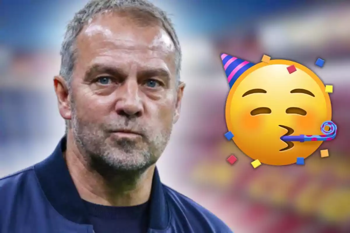 Hombre de cabello corto y barba con expresión seria junto a un emoji de fiesta con gorro y confeti