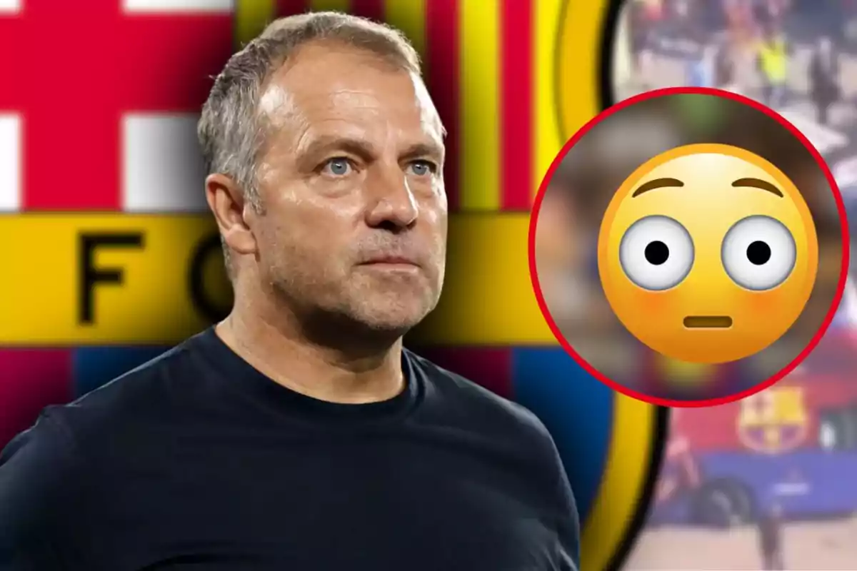 Home de cabells curts i canosos amb expressió seriosa davant d’un escut del FC Barcelona i un emoji de sorpresa al seu costat