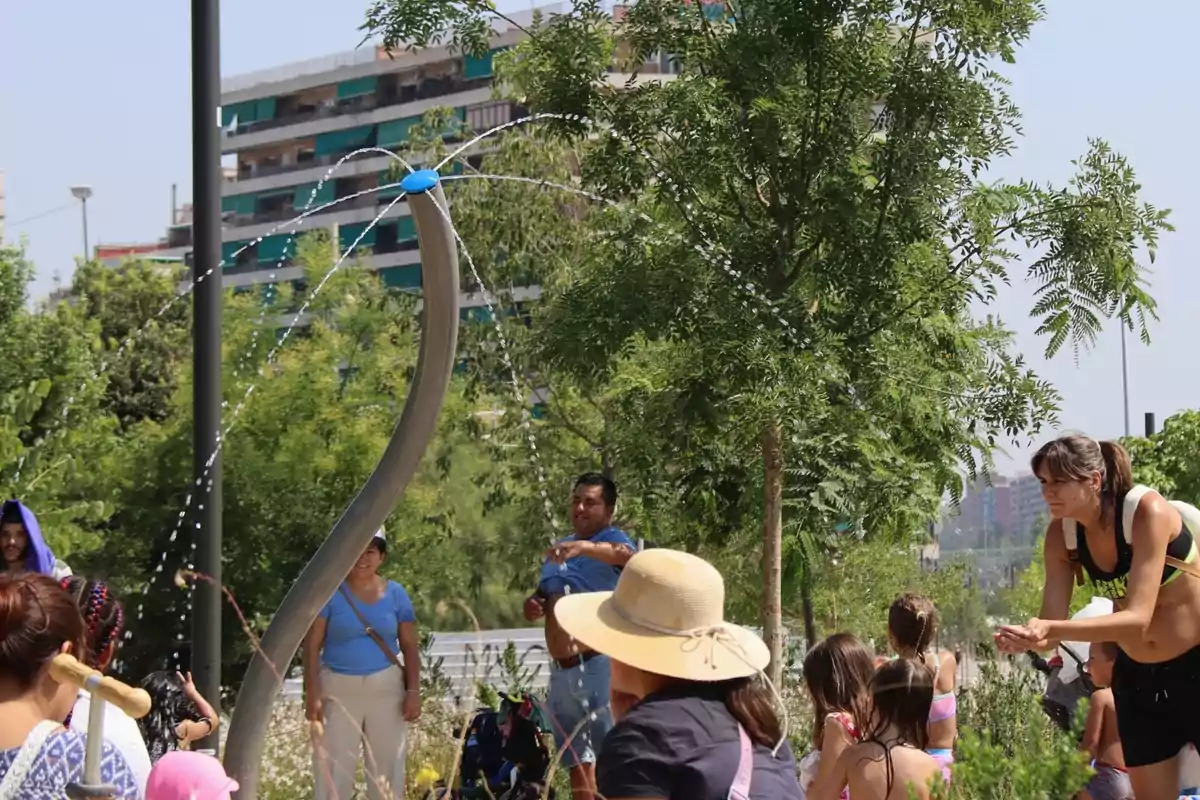 Persones gaudint d’un dia assolellat en un parc amb jocs d’aigua envoltats d’arbres i vegetació Persones gaudint d’un dia assolellat en un parc amb jocs d’aigua envoltats d’arbres i vegetació