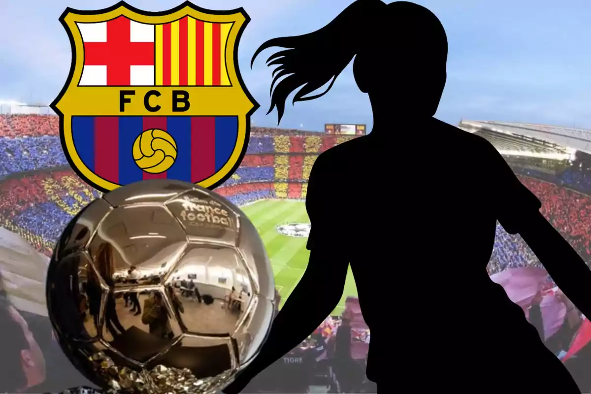 Silueta de una futbolista junto a un balón de oro y el escudo del FC Barcelona en un estadio lleno de aficionados