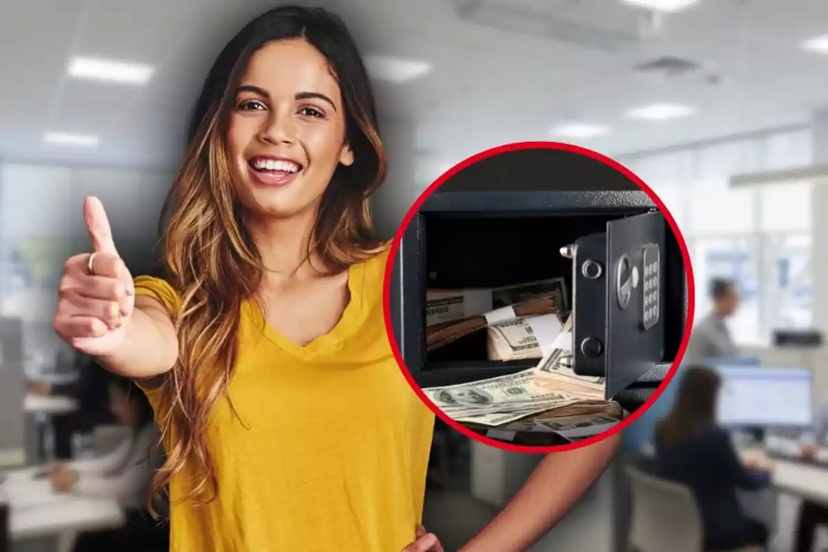Dona somrient amb el polze amunt en una oficina i un cercle que mostra una caixa forta amb feixos de bitllets.