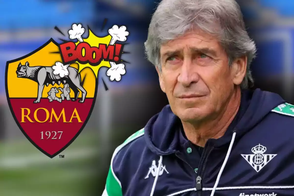 Un entrenador de futbol amb expressió seriosa apareix al costat de l’escut de la Roma i un gràfic de còmic amb la paraula boom
