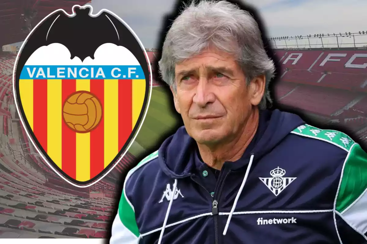Un entrenador de fútbol con chaqueta del Betis aparece junto al escudo del Valencia CF y un estadio de fondo