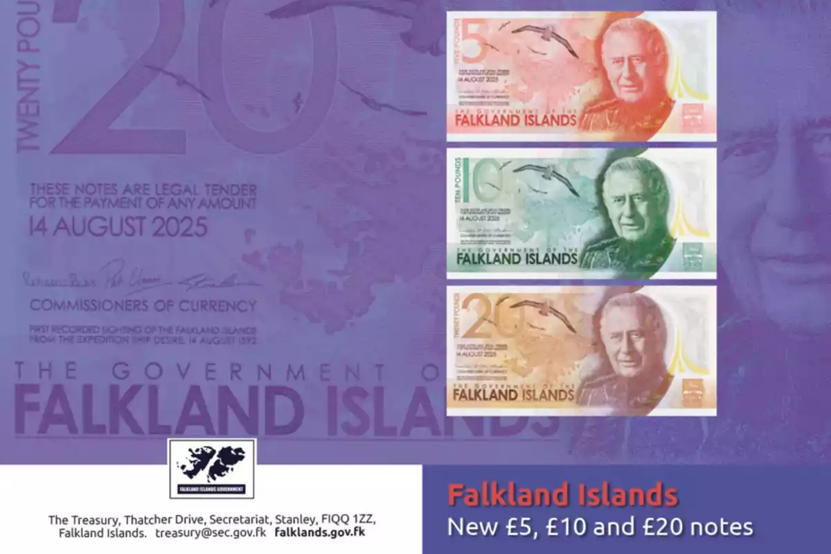 Image showing the new 5, 10, and 20 pound banknotes from the Falkland Islands, each featuring the portrait of a man and a bird on a purple background, with information about their validity starting from August 14, 2025. Image showing the new 5, 10, and 20 pound banknotes from the Falkland Islands, each featuring the portrait of a man and a bird on a purple background, with information about their validity starting from August 14, 2025.