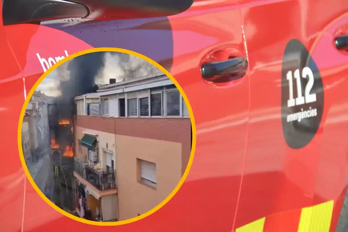 Coche de emergencias con el número 112 y una imagen superpuesta de un incendio en un edificio residencial