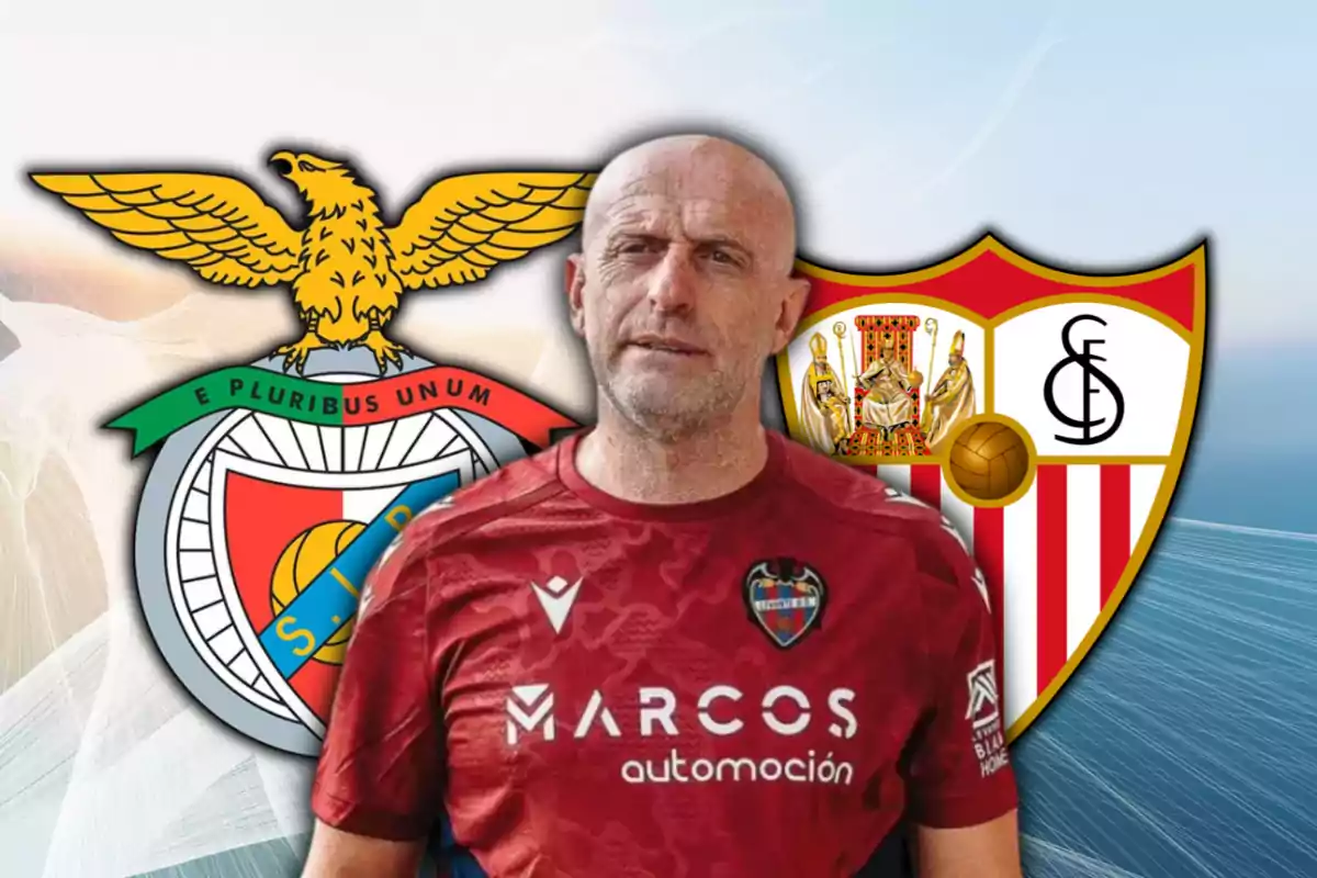Julián Calero, entrenador del Levante, y los escudos de Benfica y de Sevilla