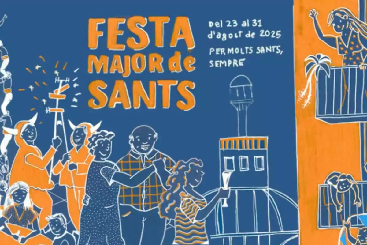 Cartell il·lustrat de la Festa Major de Sants 2025 amb persones celebrant, ballant i saludant des dels balcons, en colors blau i taronja Cartell il·lustrat de la Festa Major de Sants 2025 amb persones celebrant, ballant i saludant des dels balcons, en colors blau i taronja