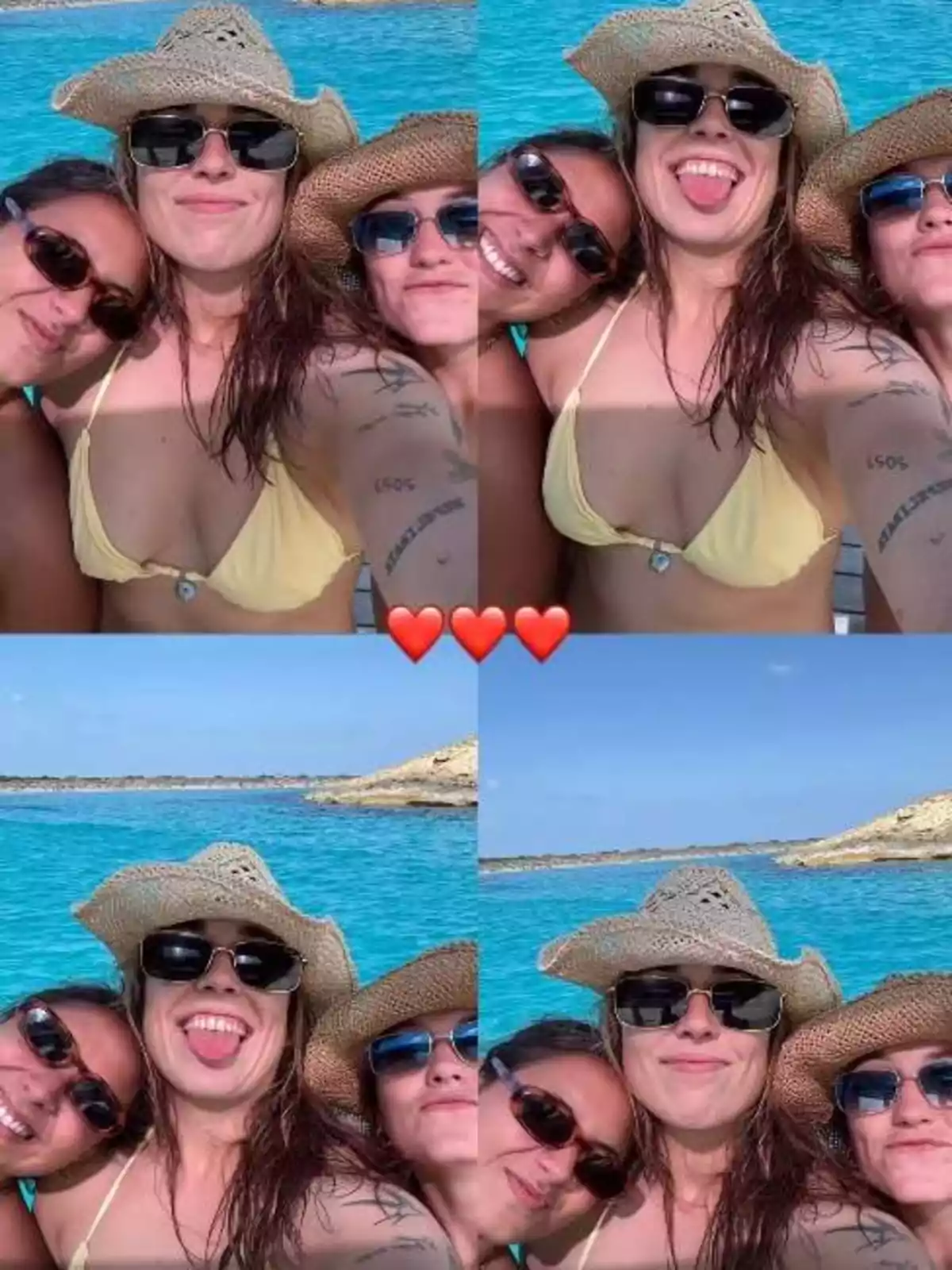 Tres personas con gafas de sol y sombrero posan sonrientes en varias fotos junto al mar de aguas turquesa, mostrando alegría y amistad Tres personas con gafas de sol y sombrero posan sonrientes en varias fotos junto al mar de aguas turquesa, mostrando alegría y amistad