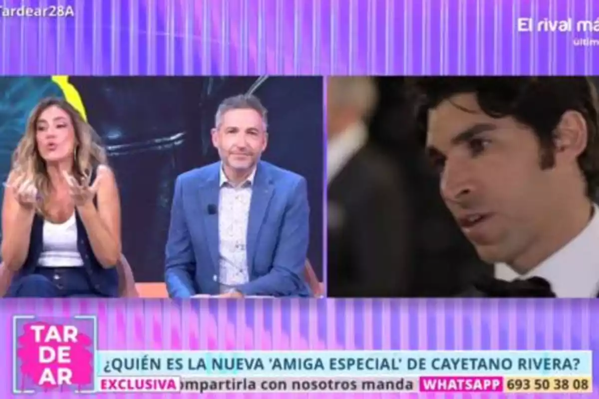 Veronica Dulanto i Frank Blanco asseguts en un plató de televisió amb fons morat i una pantalla dividida que mostra Cayetano Rivera vestit amb vestit, al costat d’una franja informativa sobre una notícia de la premsa del cor. Veronica Dulanto i Frank Blanco asseguts en un plató de televisió amb fons morat i una pantalla dividida que mostra Cayetano Rivera vestit amb vestit, al costat d’una franja informativa sobre una notícia de la premsa del cor.